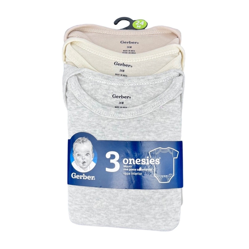 Gerber Onesies Bodysuits Unisex 24M Grey Tan Cream Cotton Short Sleeve 3-Pack‎